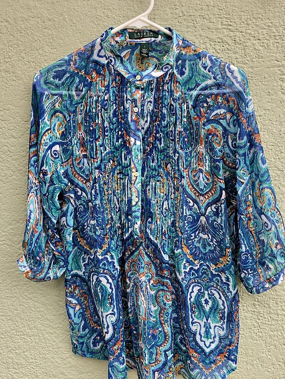 L.R. Lauren Ladies Collarless Paisley Pleated Chiffon Poets Blouse Blue/Green